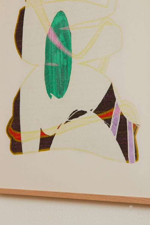 Art print with an abstract artwork featuring soft, overlapping shapes and a grainy texture. Earthy tones meet light fields and are framed by a distinct green core. Styled in a minimalist interior.