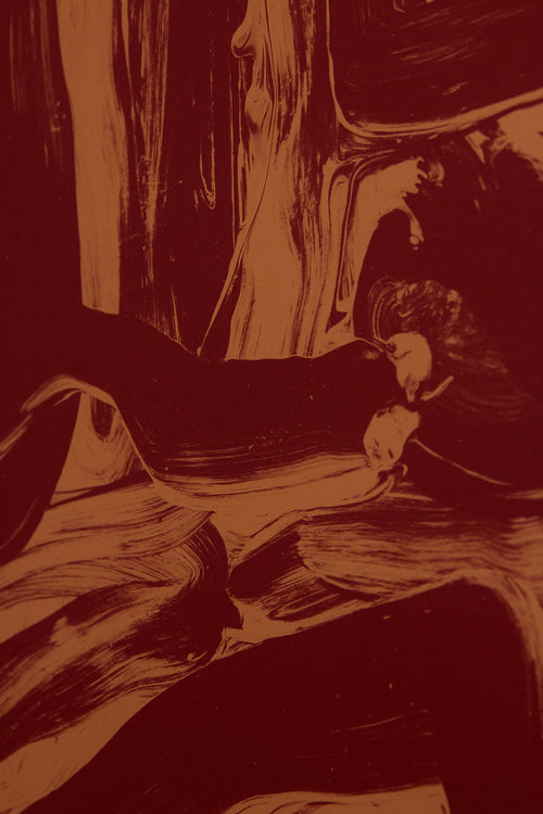 Art print featuring layered and sweeping brushstrokes in two shades of brown that create a sense of movement and tension across the surface. Styled in a minimalist interior.