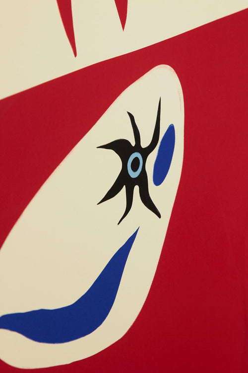 Art print with a graphic, minimalist artwork in red and off-white where organic shapes meet sharp symbols in a playful yet balanced expression. Styled in a minimalist interior.