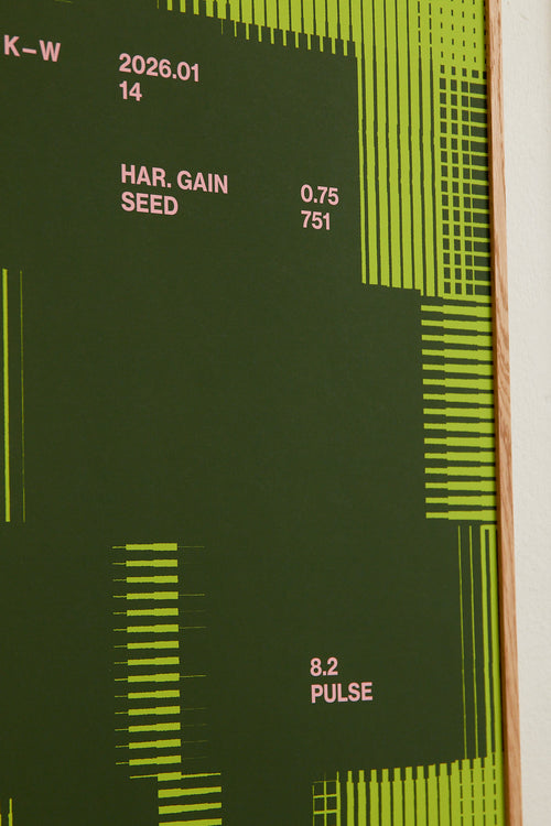 Art print with a graphic illustration of rectangular fields and linear patterns, combined with small text elements, in green and pink RAL colors. Styled in a minimalist interior.