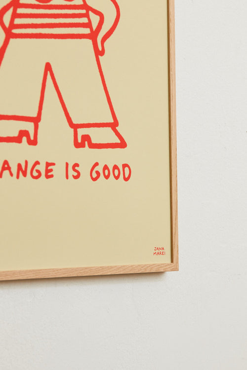 Framed artwork with red line drawing of a person and 