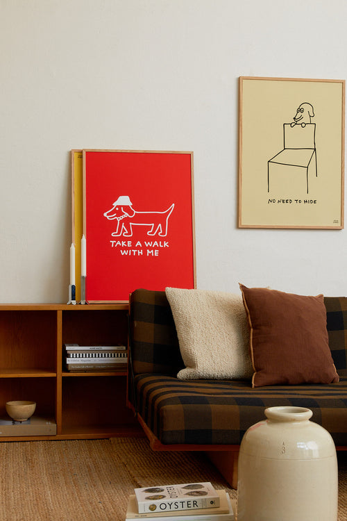 Living room with a sofa, bookshelf, and framed artwork on a wall.