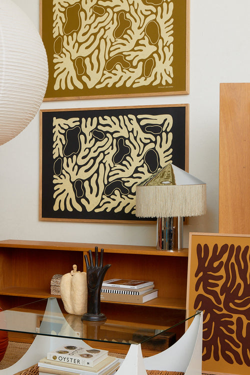Decorative wall art with abstract patterns in a home setting