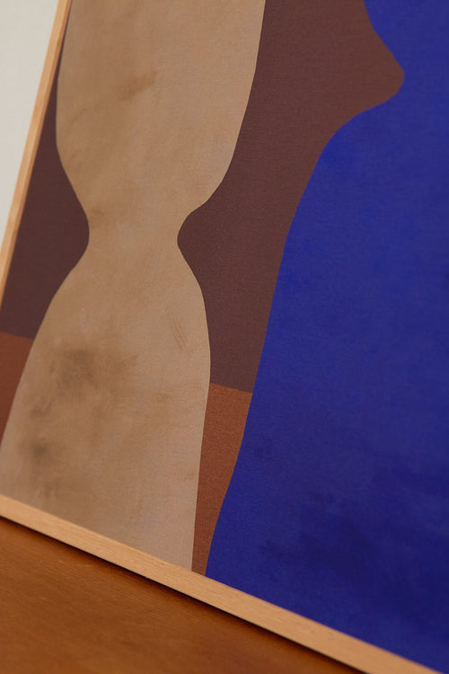 Abstract art piece with a nude figure on a blue background