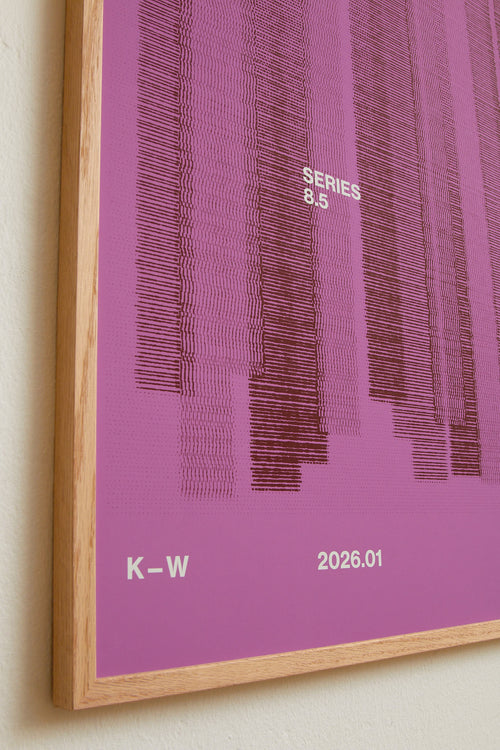 Art print with a graphic illustration of vertical fields built from dense lines, complemented by small text elements, in red and purple RAL colors. Styled in a minimalist interior.