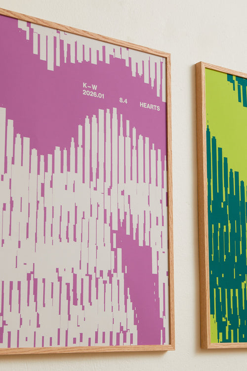 Art print with a graphic illustration of organic, vertical line patterns forming abstract shapes, complemented by small text elements, in purple RAL colors. Styled in a minimalist interior.