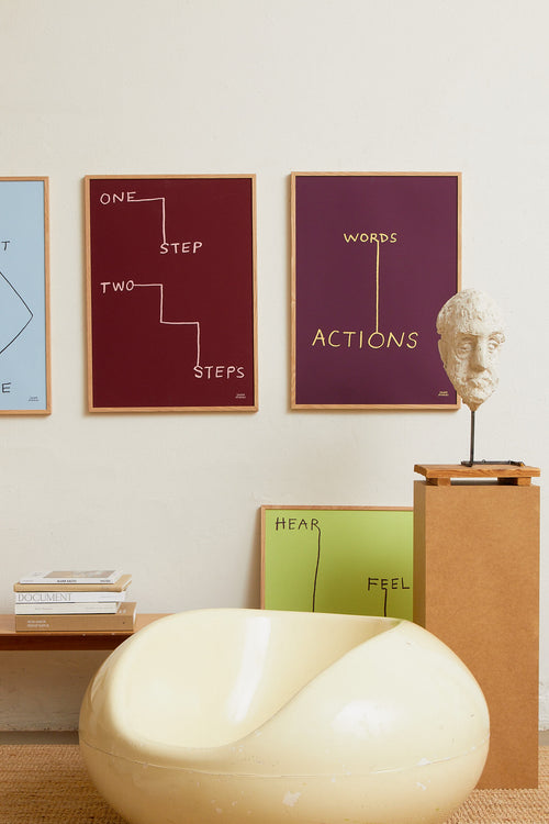 Interior scene with multiple minimalist art prints displayed on a wall