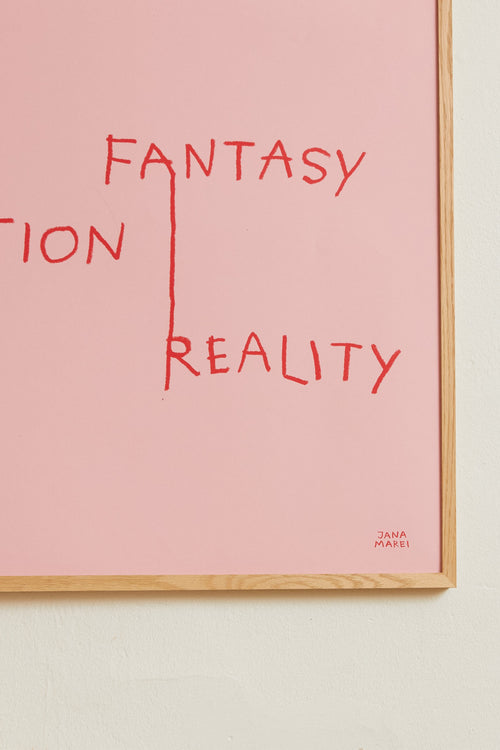 Art print featuring red handwritten lettering that connects words in an illustrative way on a pink background, creating a new context. Styled in a minimalist interior.