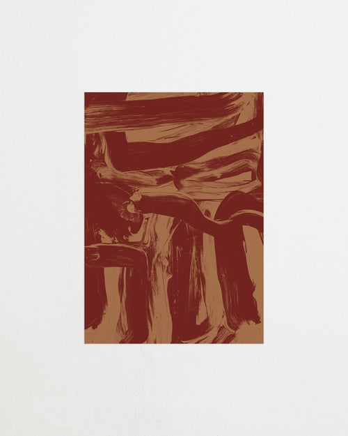 Art print featuring layered and sweeping brushstrokes in two shades of brown that create a sense of movement and tension across the surface. Featured against a light background.