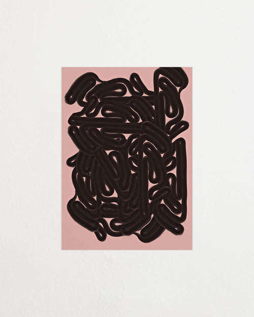 Art print featuring dense, black rounded forms with a smooth, glossy feeling emerging against a warm, light pink background. Featured against a light background.
