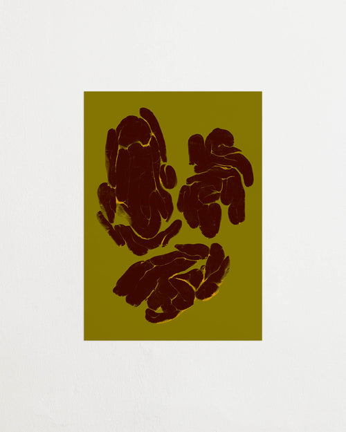 Art print featuring fragmented, rounded forms arranged in loose groupings across a muted green surface, with subtle cracks and glowing edges. Featured against a light background.