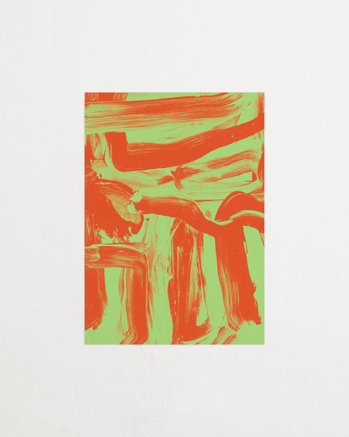 Art print featuring layered and sweeping brushstrokes in bright orange and green that create a sense of movement and tension across the surface. Featured against a light background.