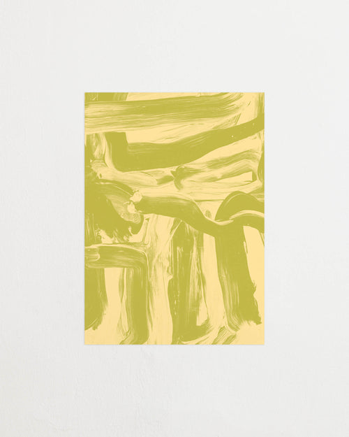 Art print featuring layered and sweeping brushstrokes in light yellow and green that create a sense of movement and tension across the surface. Featured against a light background.