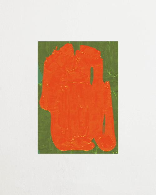 Art print featuring soft, blurred, and flowing bright orange shapes emerging against a dark green surface, creating an impression of motion and impermanence. Featured against a light background.