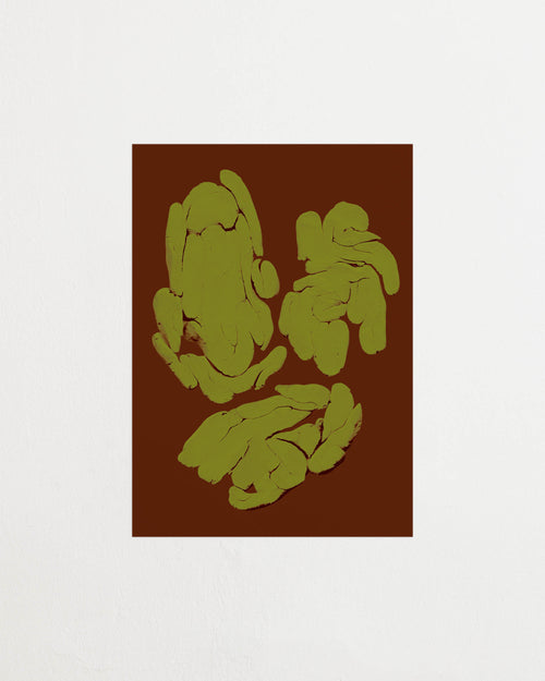 Art print featuring fragmented, rounded forms arranged in loose groupings across a deep brown surface, with subtle cracks and glowing edges. Featured against a light background.