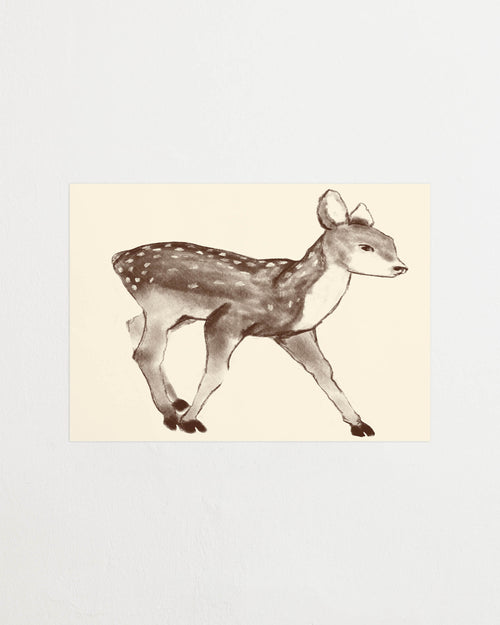 Art print with a stylized illustration of a fawn in gray-brown tones against a, with a soft and graphic expression. Featured against a light background.