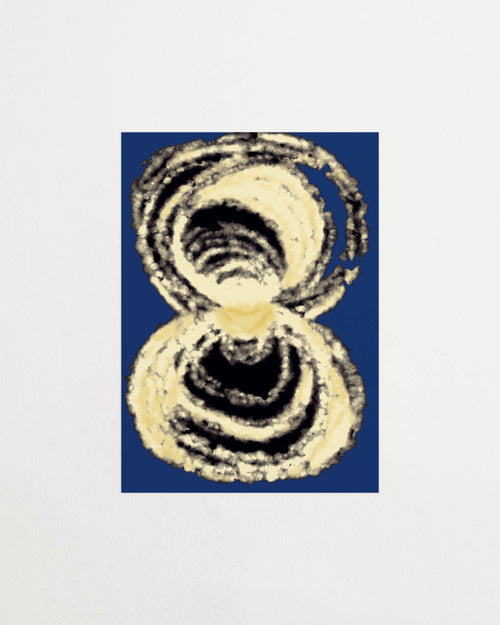 Art print with an abstract illustration of circular forms in light tones against a cobalt blue background, with a soft and organic expression. Featured against a light background.