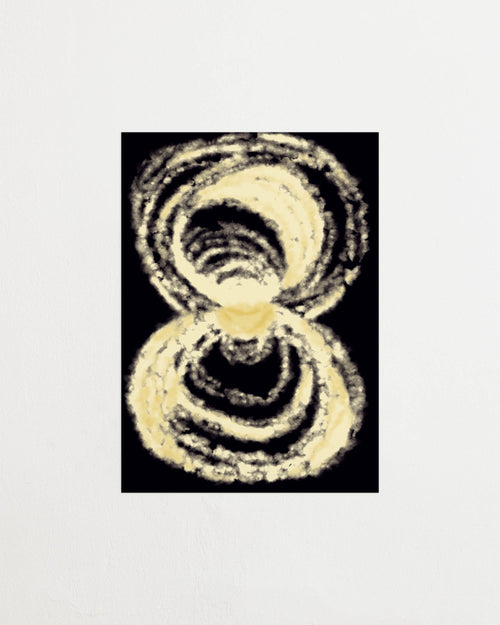 Art print with an abstract illustration of circular forms in light tones against a dark background, with a soft and organic expression. Featured against a light background.