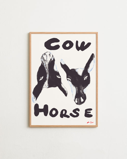 Framed artwork with black and white animal illustration and text 