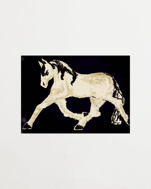 Art print with a stylized illustration of a horse in motion in light beige and black tones against a black background, with an intentionally blurred and painterly feel. Featured against a light background.