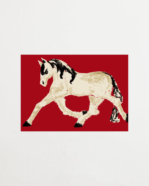 Art print with a stylized illustration of a horse in motion in light beige and black tones against a red background, with an intentionally blurred and painterly feel. Featured against a light background.
