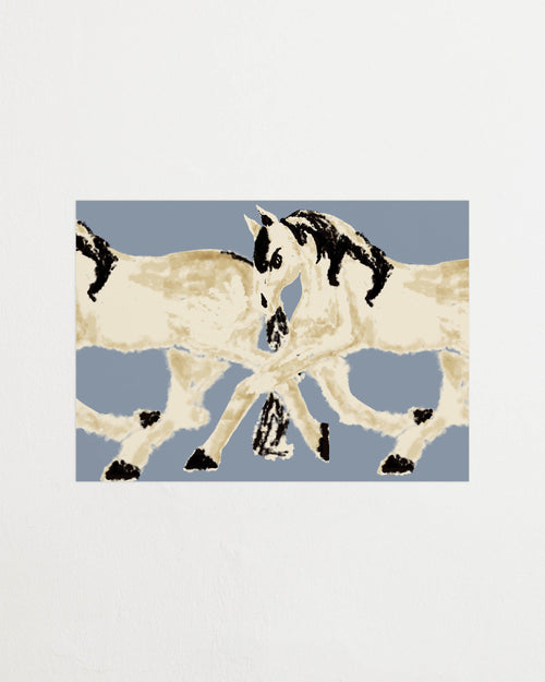 Art print with a stylized illustration of two mirrored horses in motion in light beige and black tones against a gray-blue background, with an intentionally blurred and painterly feel. Featured against a light background.