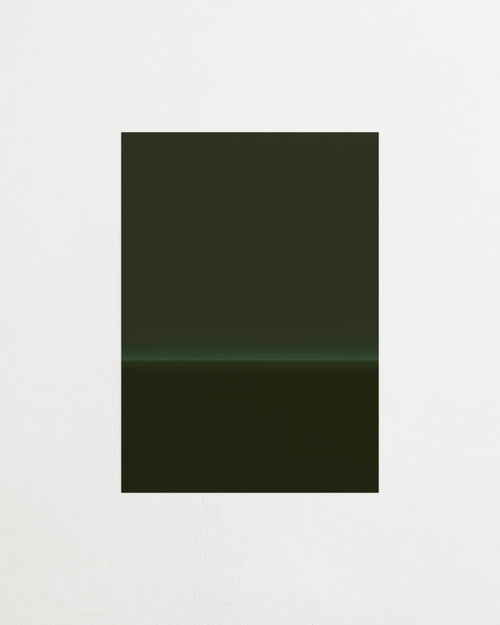 Art print with an abstract spray painting of a dark sky in deep green tones. Featured against a light background.