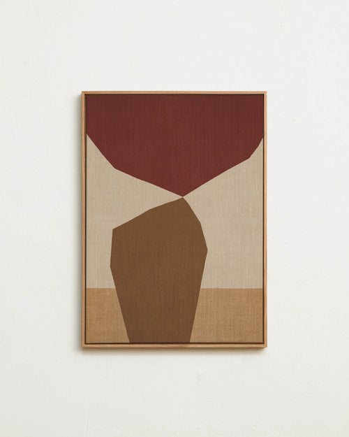 Abstract art piece with geometric shapes in brown and red on a beige background