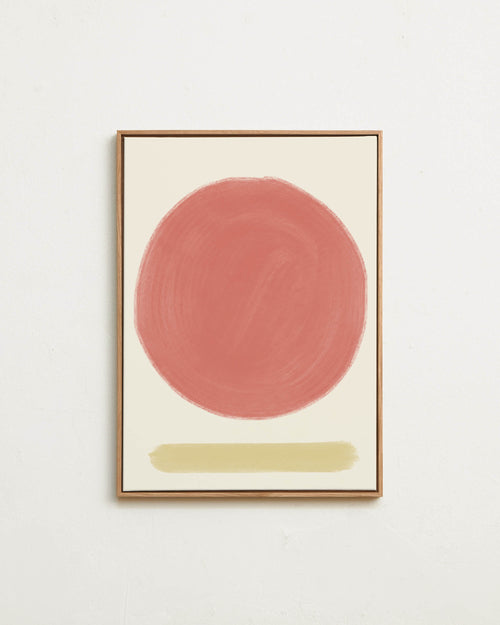 Framed abstract art with a pink circle and gold bar on a beige background