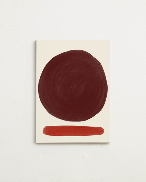 Abstract art piece with a large dark red circle and a smaller red rectangle on a beige background