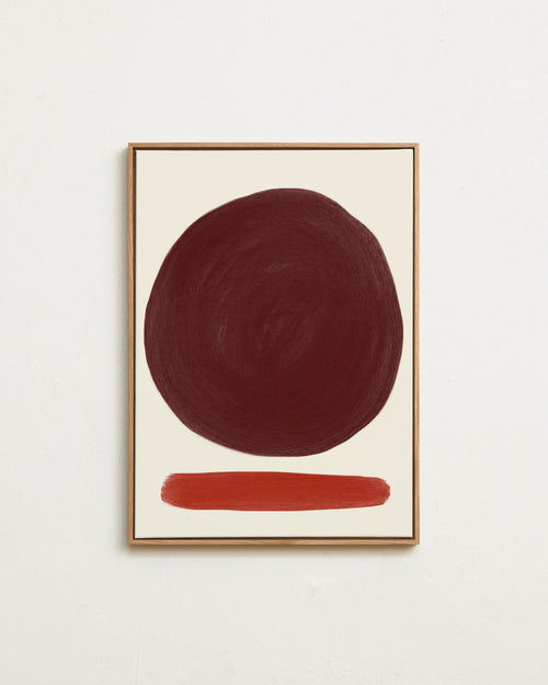 Abstract art piece with a large red circle and smaller red line on a beige background