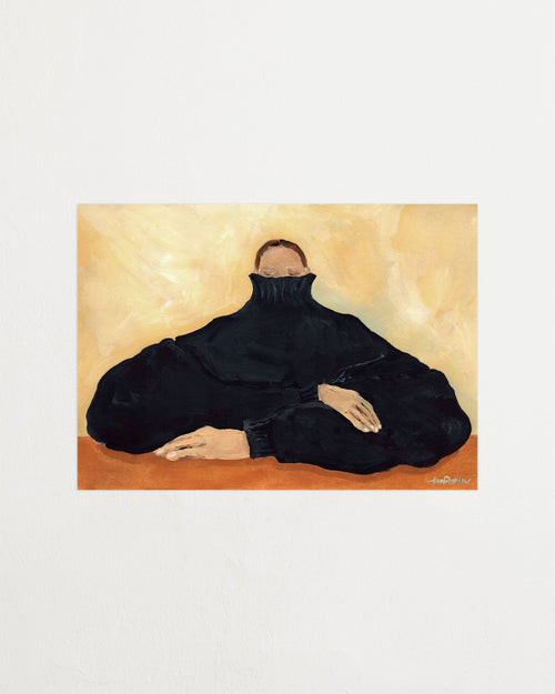 Artistic depiction of a person wearing a black garment against a warm-toned background