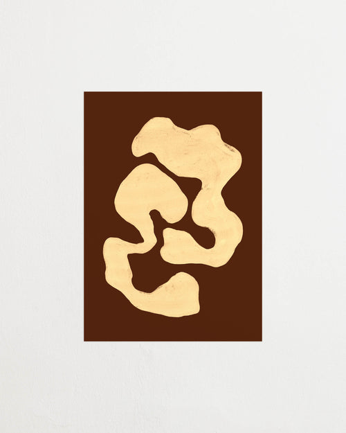 Art print featuring two analogue-themed components wrapping around one another in cream against a mocha background. Featured against a light background.