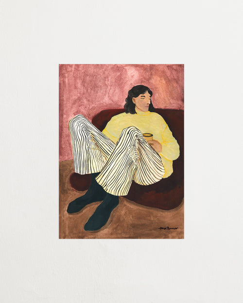 Artistic depiction of a person sitting on a couch with a pink background