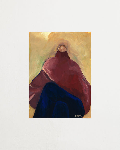 Painting of a figure draped in a red and blue garment against a gold background