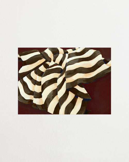 Art print featuring a painting of a plaid against a deep burgundy background, flowing with wide stripes in dark chocolate brown and creamy white. Featured against a light background.