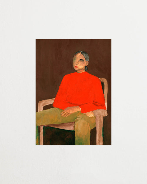 Art print featuring a painting of a person in a red sweater on a wooden chair against a deep brown background. Featured against a light background.