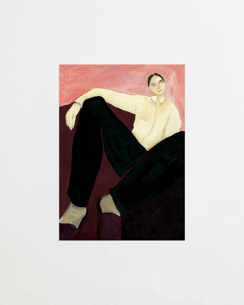 Art print featuring a painting of a person resting against a soft burgundy backdrop in front of a pink wall. The outfit is classic yet comfortable, with slippers and a shirt – business at the top, cozy on the feet. Featured against a light background.
