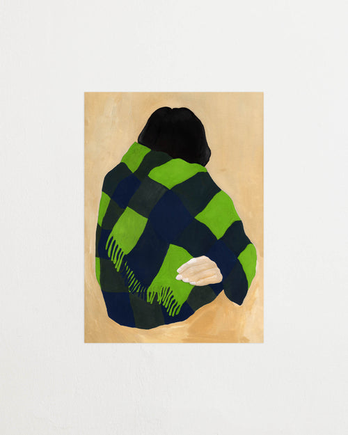 Art print featuring a painting of a person’s back, with a bright green shawl wrapped around the body against a beige background. Featured against a light background.