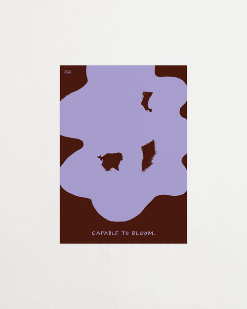 Abstract design with purple shape on a brown background, featuring the text 