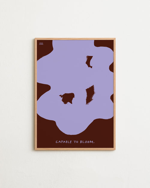 Framed abstract art print with purple and brown design on a white background