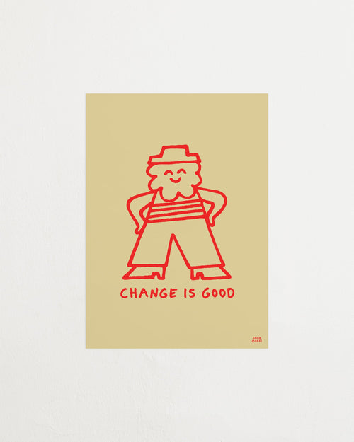 Beige poster with red illustration of a person and 