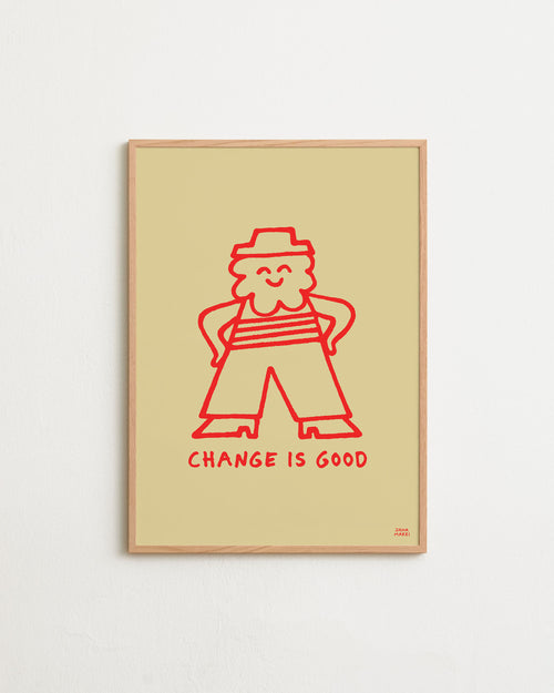 Framed artwork with a red illustration of a character and 