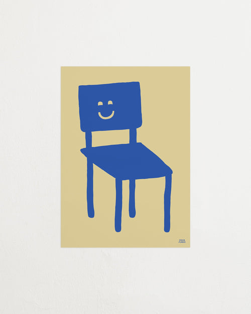 Blue chair with a smiley face on a beige background