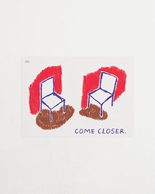 Two chairs with red circles and brown shadows on a white background with 
