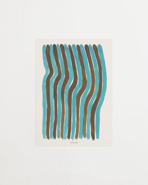 Close-up of a turquoise and brown striped abstract print.
