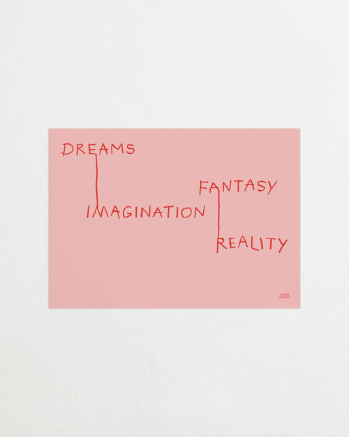 Art print featuring red handwritten lettering that connects words in an illustrative way on a pink background, creating a new context. Featured against a light background.