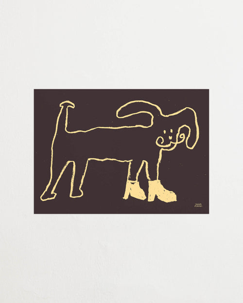 Close-up of the dark brown print showing yellow line drawing details