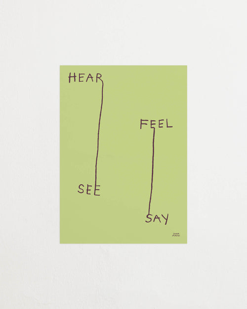 Close-up of the light green print with black line illustration and text