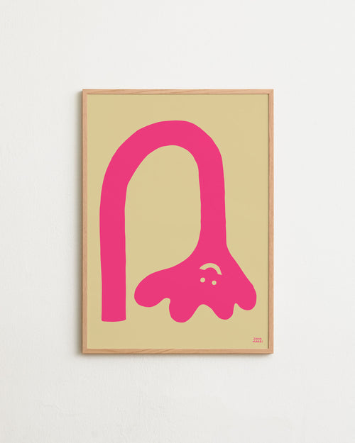 Framed artwork with a pink abstract design on a beige background